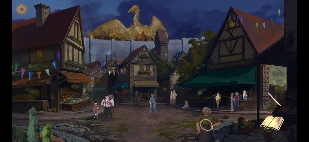 The Apocalypse Sacrifice - Una escena de mercado de pueblo medieval con gráficos retro de los 90 y PNJ interactivos bajo un monumento de pájaro dorado