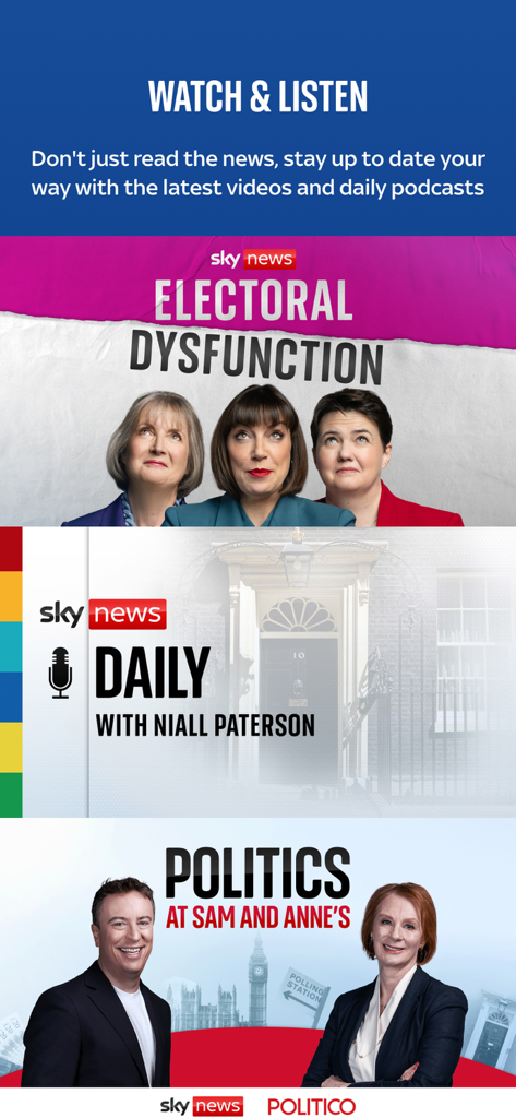 A promotional screen for Sky News podcasts highlighting shows like Electoral Dysfunction and Sky News Daily