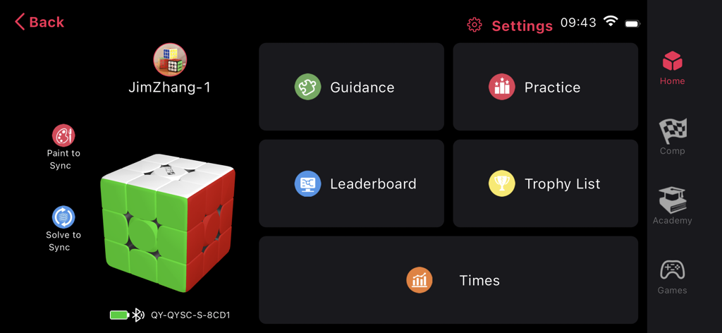 Smart Player Pro - Painel do aplicativo Smart Player Pro com cubo mágico de gêmeo digital e opções de treinamento