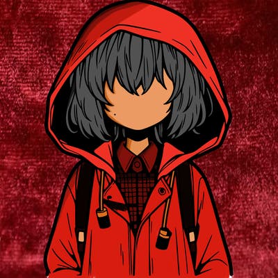 little anime girl in a raincoat her hair is covering her eyes she has a lighter
