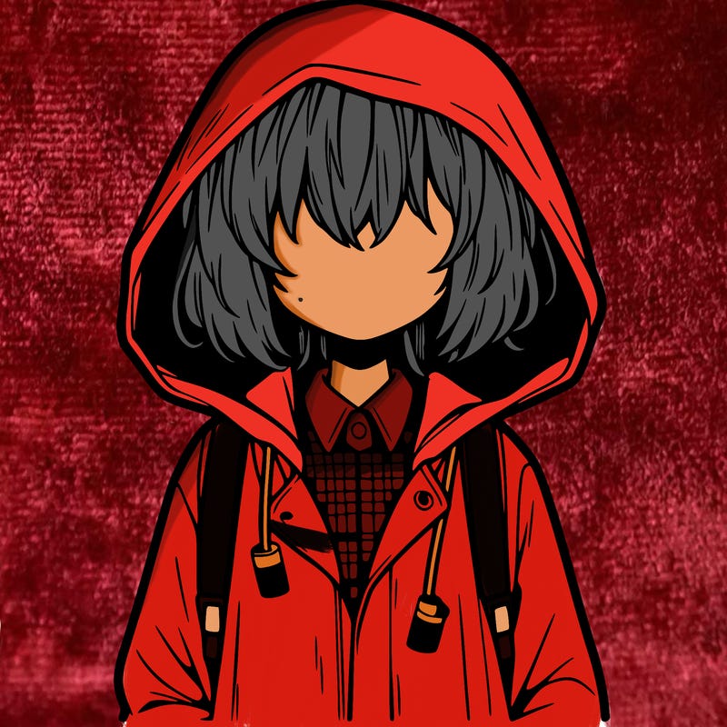 little anime girl in a raincoat her hair is covering her eyes she has a lighter