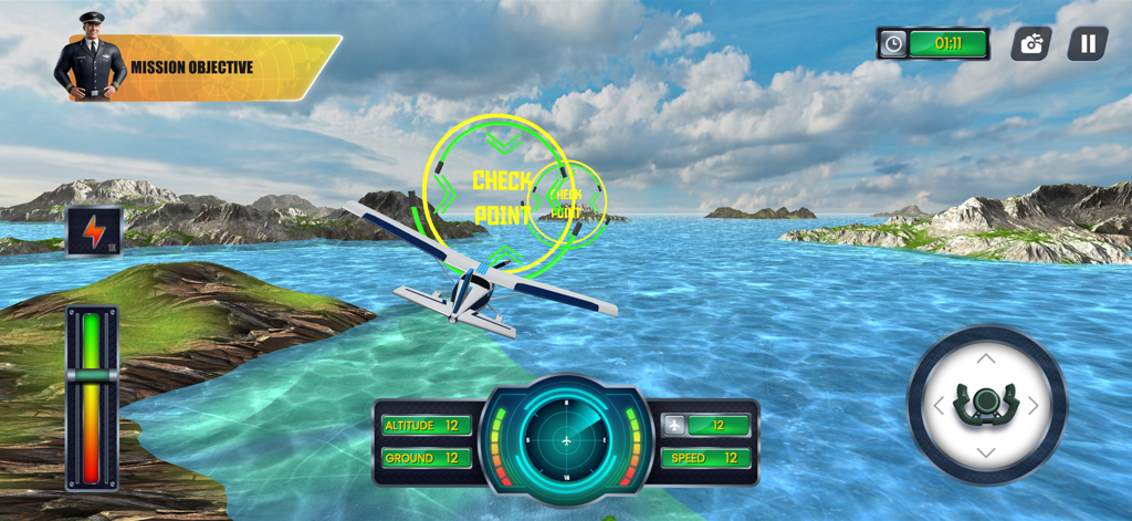 Real Flight Simulator - A small airplane flying through yellow checkpoint rings over a tropical island and blue sea in Real Flight Simulator 3D