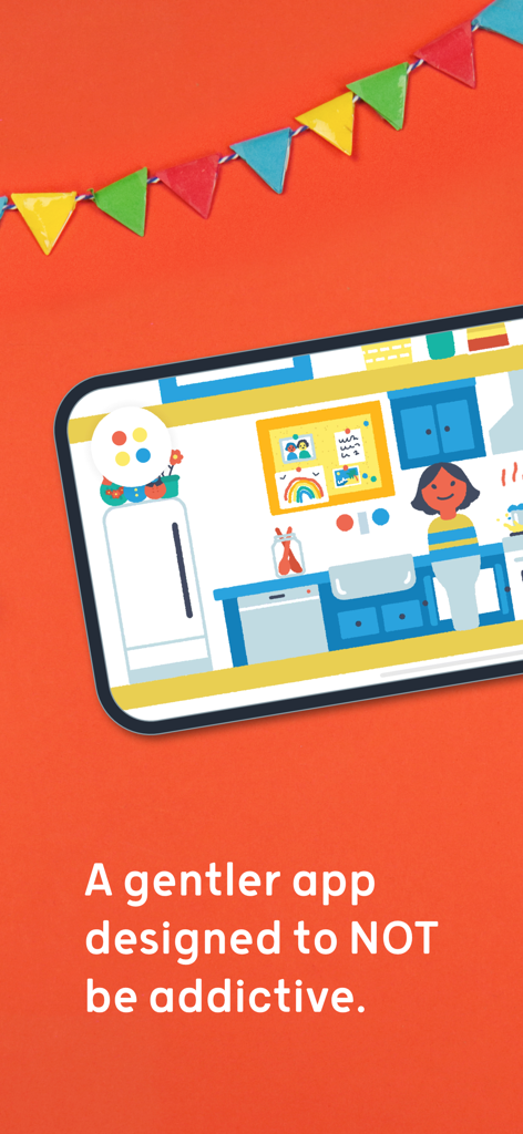 Pok Pok | Montessori Preschool - Smartphone showing Pok Pok Montessori app kitchen scene with text describing it as a non-addictive app