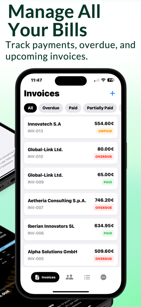Invoice Maker Billing Manager - Una interfaz de aplicación móvil que muestra una lista de facturas comerciales con sus etiquetas de estado de pago