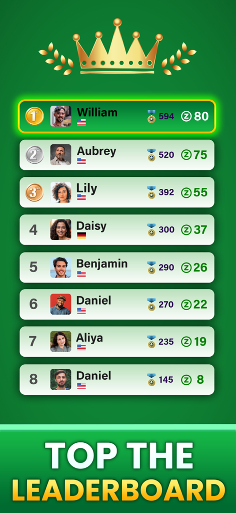Solitaire Crash - Win Cash - Tabla de clasificación competitiva de Solitaire Crash mostrando los jugadores mejor clasificados