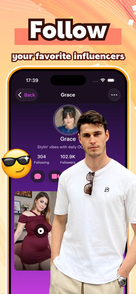 Lumix - Video & Chat - Una pantalla de aplicación móvil para Lumix que muestra la página de perfil de un influencer con opciones para seguir y ver contenido de video.