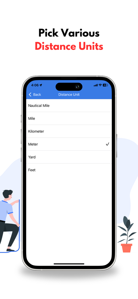GPS Land Measurement & Survey - Interface showing a selection of distance units including miles kilometers and meters in the Mapulator app