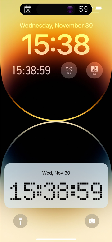 Standby Clock - on Lock Screen - iPhone lock screen showing custom digital clock widgets with seconds and Dynamic Island integration