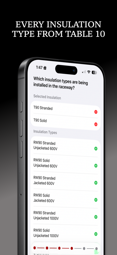 A selection screen in the Pipe Fill Calculator app displaying various electrical insulation types from Table 10