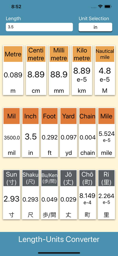 Length-Units Converter - 3.5인치를 미터법, 야드파운드법 및 일본식 단위로 변환하는 것을 보여주는 앱 인터페이스