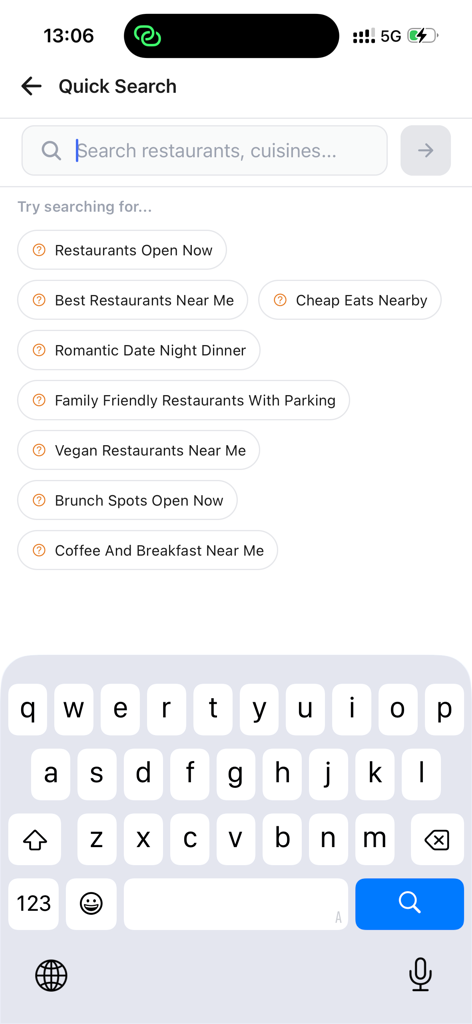 Outly - Search screen of the Outly app showing quick search suggestions for restaurants near me and various cuisines.