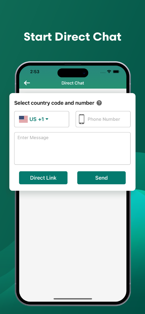 Interface d'application mobile montrant la fonction Chat Direct pour envoyer des messages à des numéros de téléphone non enregistrés sur Dual Web Chat