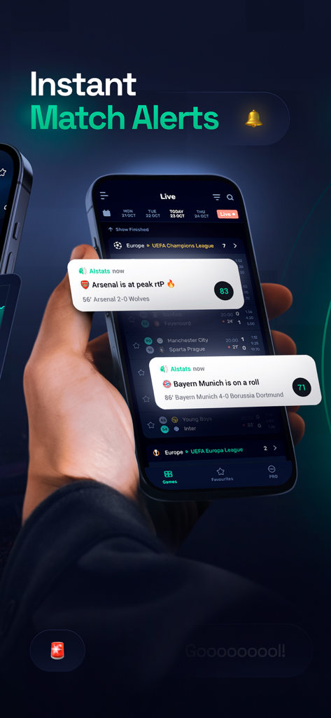Soccer Rankings App - AIstats - Smartphone exibindo alertas instantâneos de partidas de futebol mostrando rankings de poder de equipes em tempo real