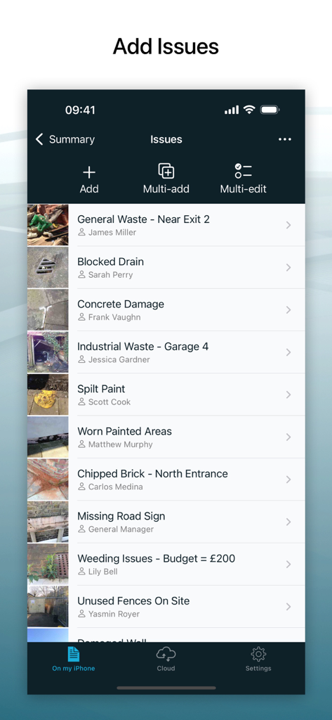 Site Audit Pro - Site Audit Pro mobile app interface displaying a list of recorded site inspection issues with photos and assignees