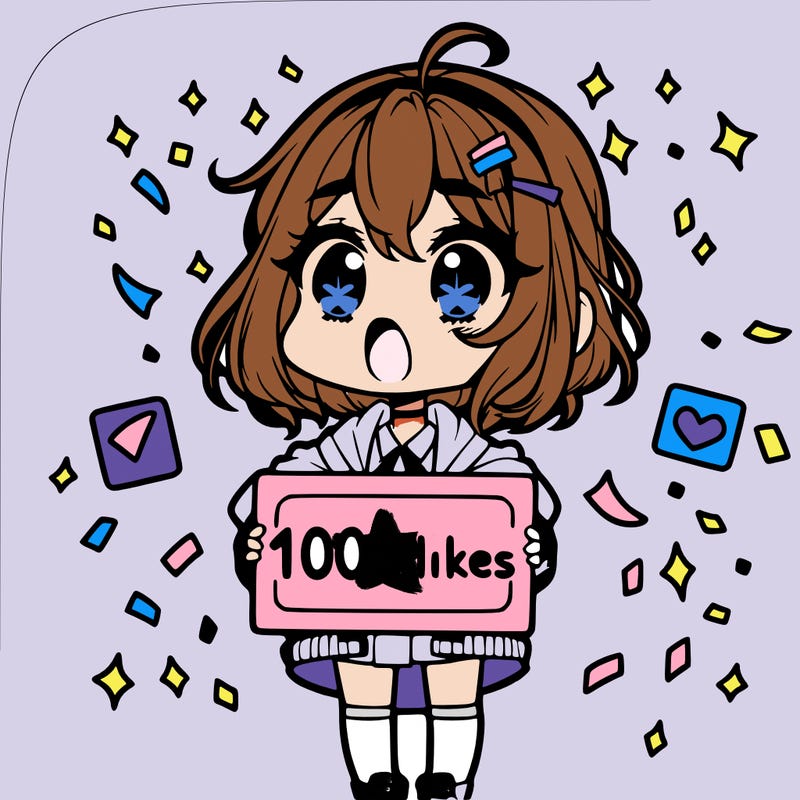 a chibi girl with a shocked expression with a sign that says "1000 likes" with confetti around her
