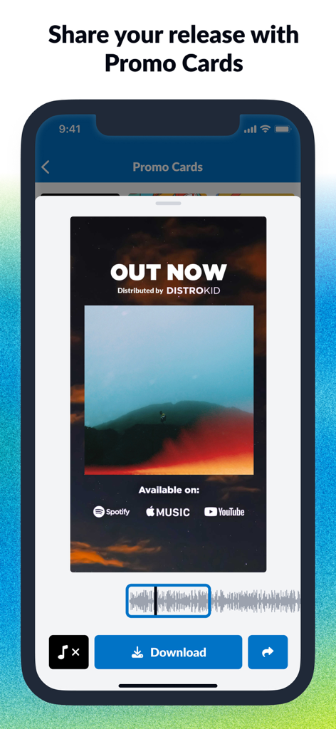 DistroKid - DistroKid mobile app showing the Promo Cards feature for sharing independent music releases on social media