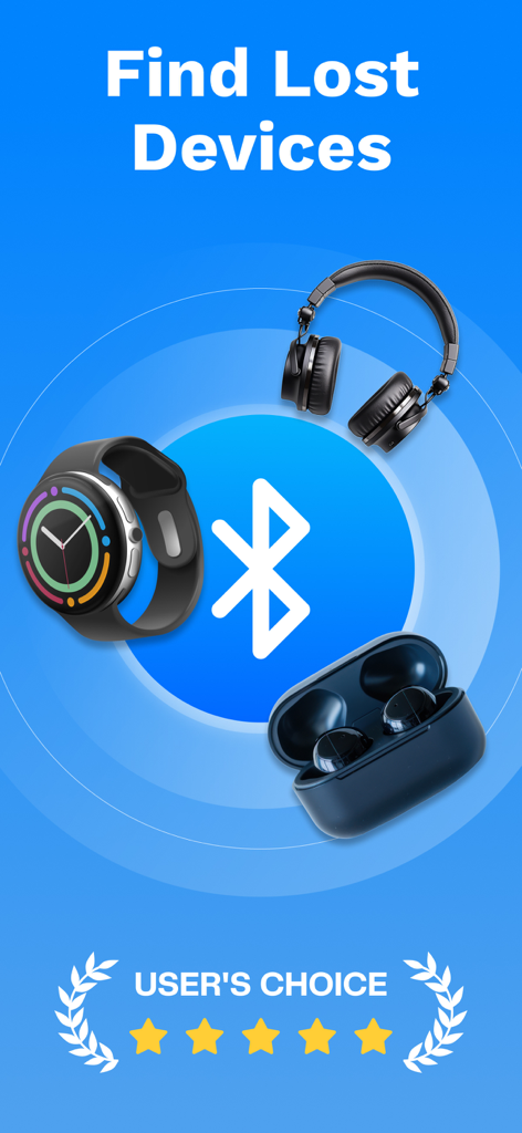 Device Finder: Find my Pods - Promotional screen for Device Finder app showing a Bluetooth icon and lost devices like headphones and a smartwatch