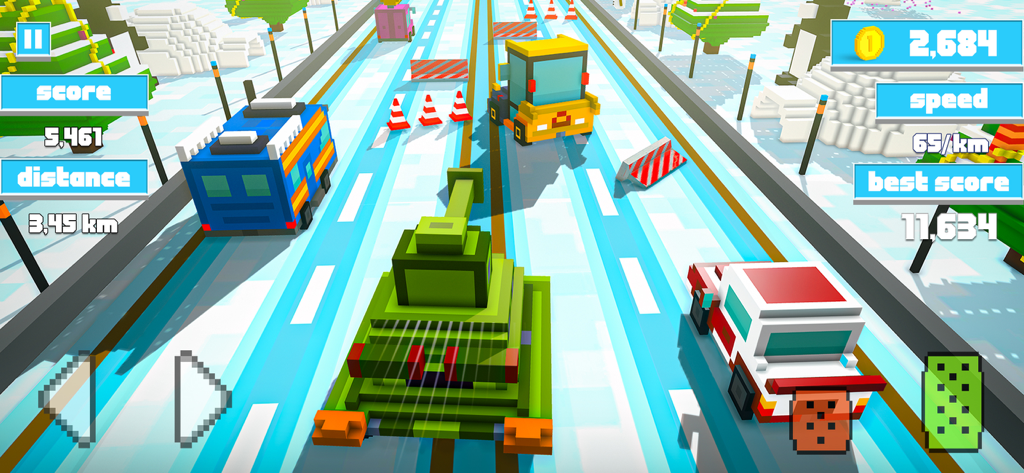 A green blocky tank racing through traffic on a blue highway in a voxel graphics game