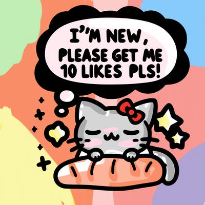 kitty taking a nap dream talking and saying "i'm new, please get me at least 10 likes pls!!"