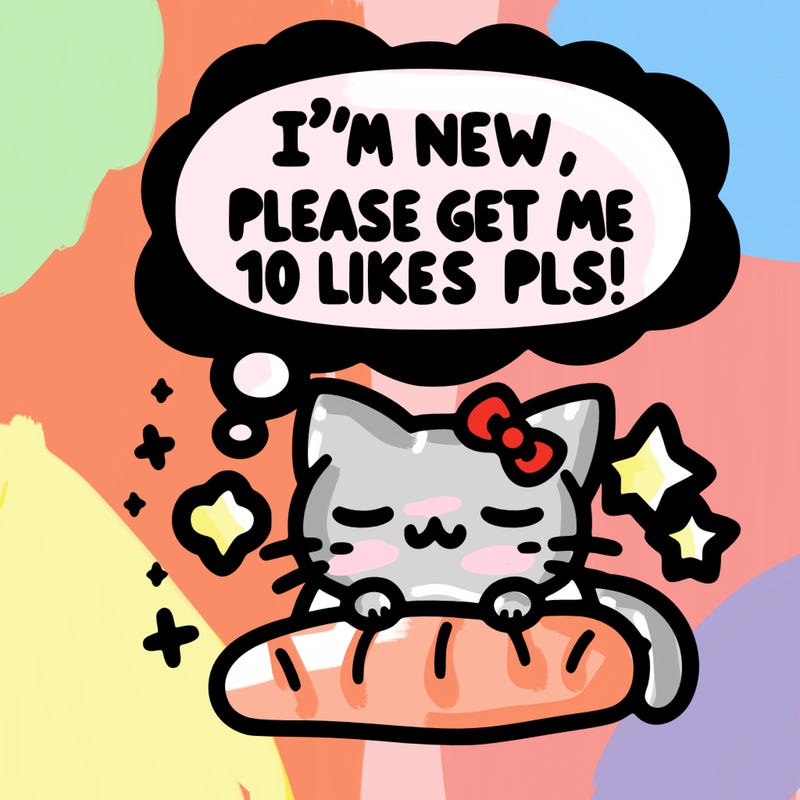 kitty taking a nap dream talking and saying "i'm new, please get me at least 10 likes pls!!"