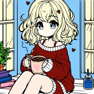 cute anime girl reading book and drinking hot chocolate from mug with loose wavy hair wearing a baggy sweatshirt and shorts sitting by windowsill looking out