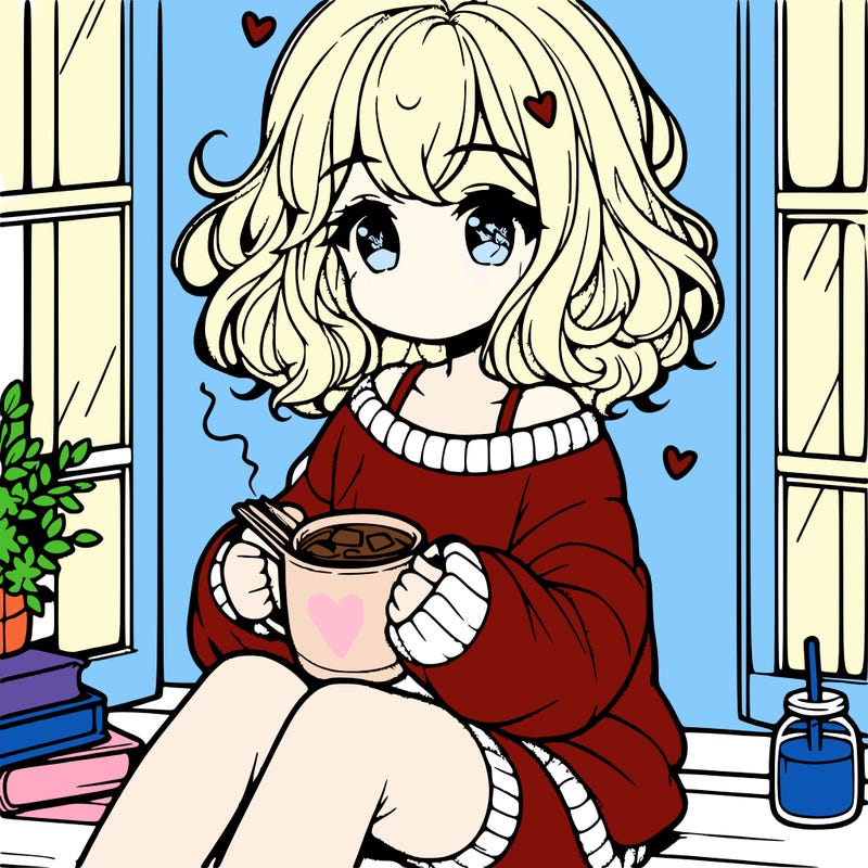 cute anime girl reading book and drinking hot chocolate from mug with loose wavy hair wearing a baggy sweatshirt and shorts sitting by windowsill looking out