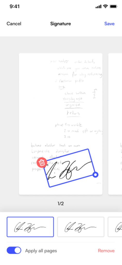 Scan UP – Secure Scanner - Adding a digital signature to a scanned handwritten document in the Scan UP mobile app interface.