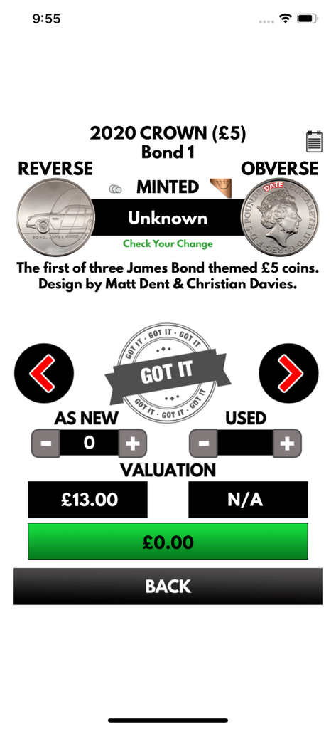 Check Your Change - Mobile app interface showing mintage and valuation details for a 2020 James Bond themed five pound coin