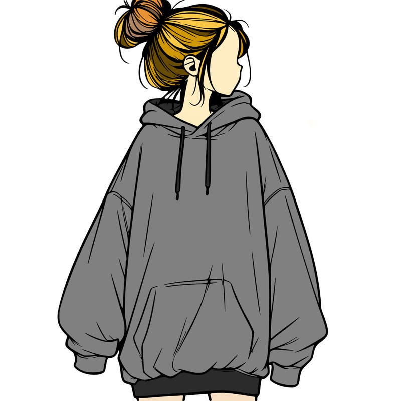 realistic girl with a oversized sweatshirt on and a bun