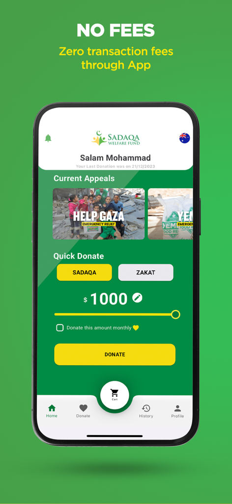 Sadaqa - Pantalla de inicio de la aplicación Sadaqa mostrando cero tarifas de transacción y opciones de donación rápida para Sadaqa y Zakat.