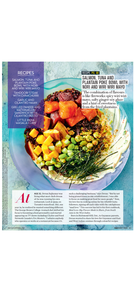 House & Home - Página de revista digital de la aplicación House and Home que presenta una receta de poke bowl de salmón y atún