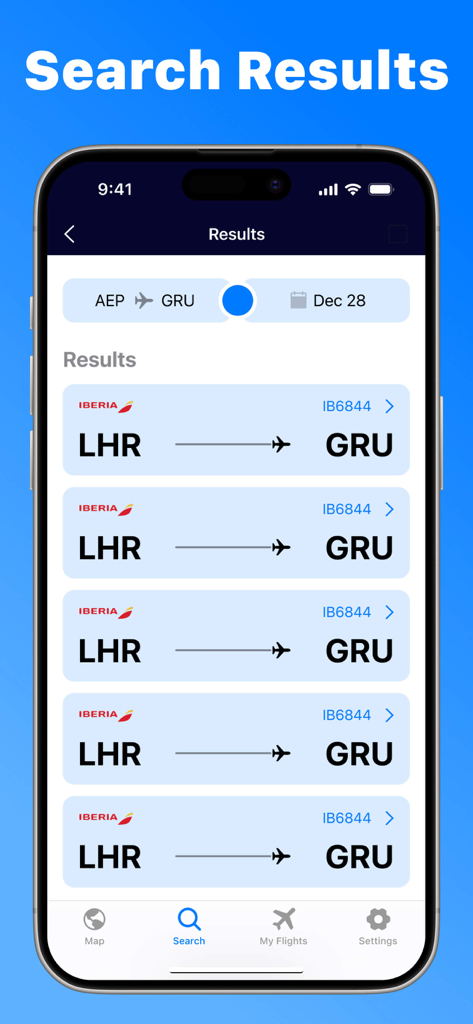 Flight Tracker, Plane Finder - Una pantalla móvil que muestra resultados de búsqueda de vuelos para rutas globales