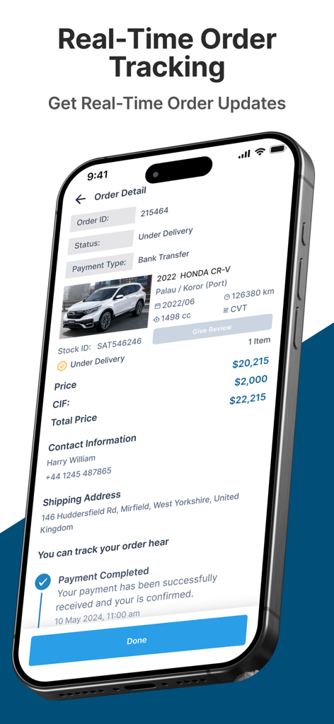 Pantalla de seguimiento de pedidos de coches en tiempo real en la aplicación móvil Sat Japan.