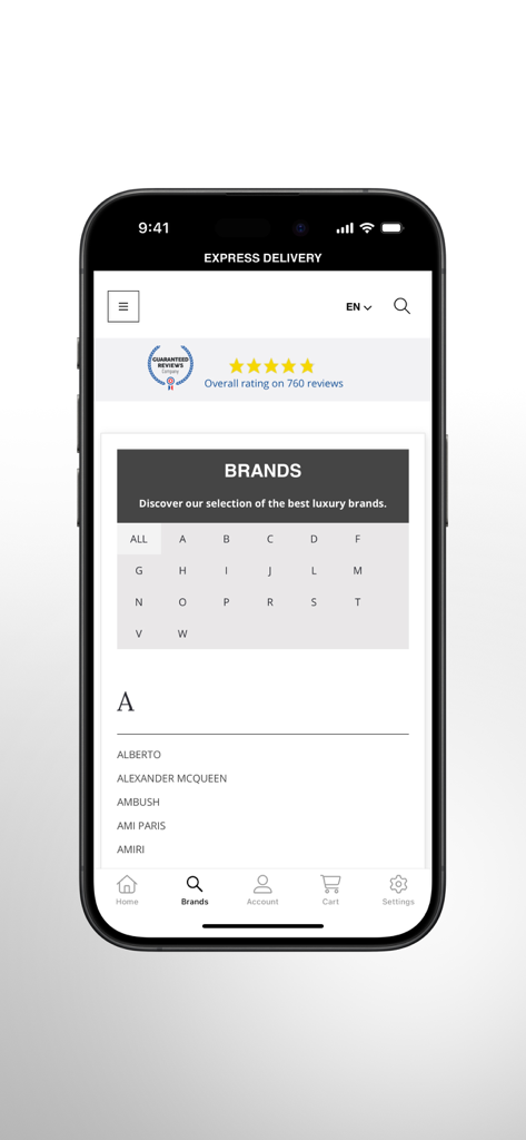 Moda di Andrea - Elenco alfabetico di marchi di designer di lusso nell'app mobile Moda di Andrea