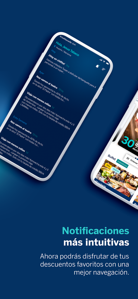 A mobile phone displaying a list of intuitive notifications for discounts and rewards in the BBVA Beneficios app.