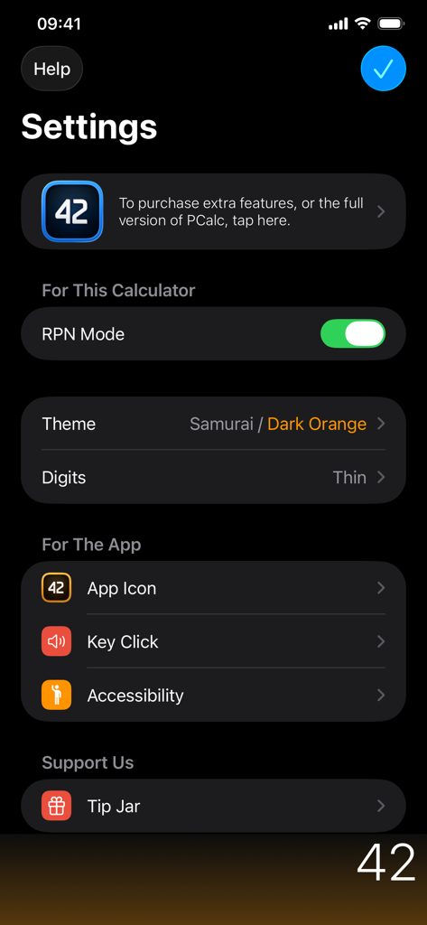 PCalc Lite - Settings screen of PCalc Lite showing the RPN mode toggle and customization options for themes and icons.