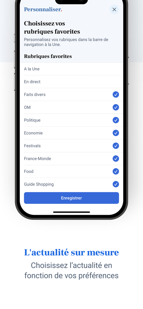 La Provence : actu en direct - Selection of favorite news categories in the La Provence mobile app