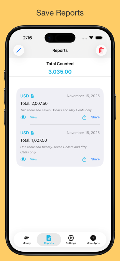 A mobile screen showing a list of saved cash reports with USD totals and sharing options