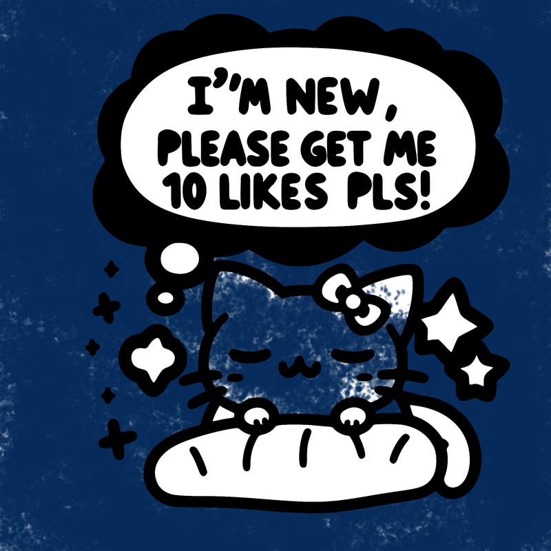 kitty taking a nap dream talking and saying "i'm new, please get me at least 10 likes pls!!"