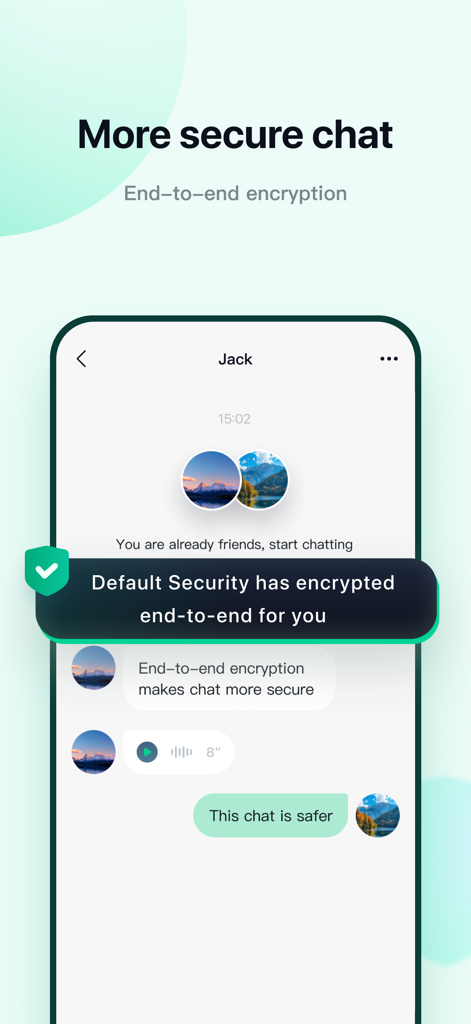 Interface of MO Messager app highlighting end-to-end encryption and secure messaging features