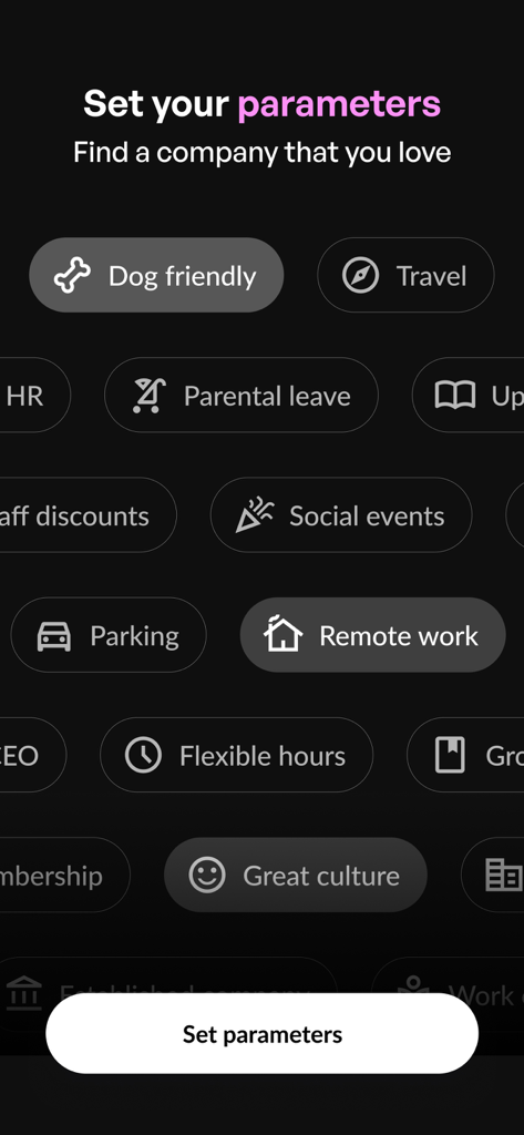 Getahead - Swipe a job today - Getahead app screen for selecting job preferences like remote work and flexible hours