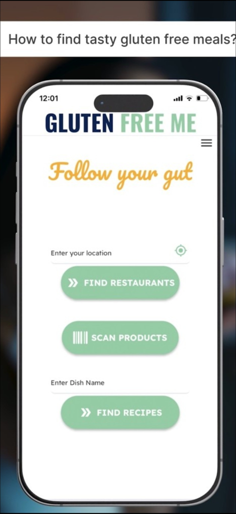 Gluten-Free Me - 글루텐 프리 미 앱 홈 화면, 레스토랑 찾기, 제품 스캔, 레시피 찾기 버튼 포함