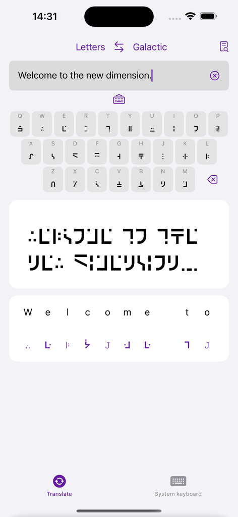 Standard Galactic Alphabet - Standard Galactic Alphabet app interface showing translation of English text into Minecraft enchanting table symbols