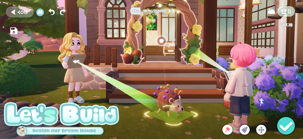 Heartopia - Two characters collaborating to design and decorate a cozy cottage exterior in the Heartopia life simulation game.