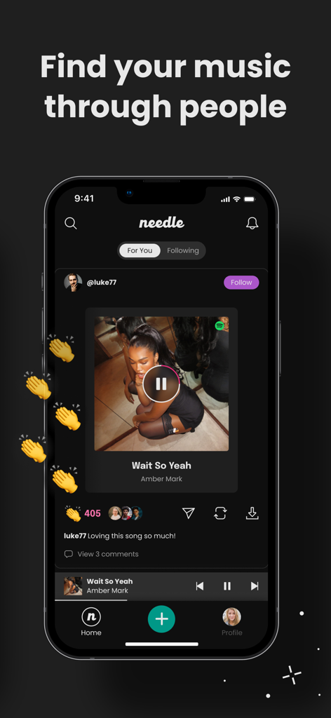 Needle Music app interface displaying a song share with the headline Find your music through people