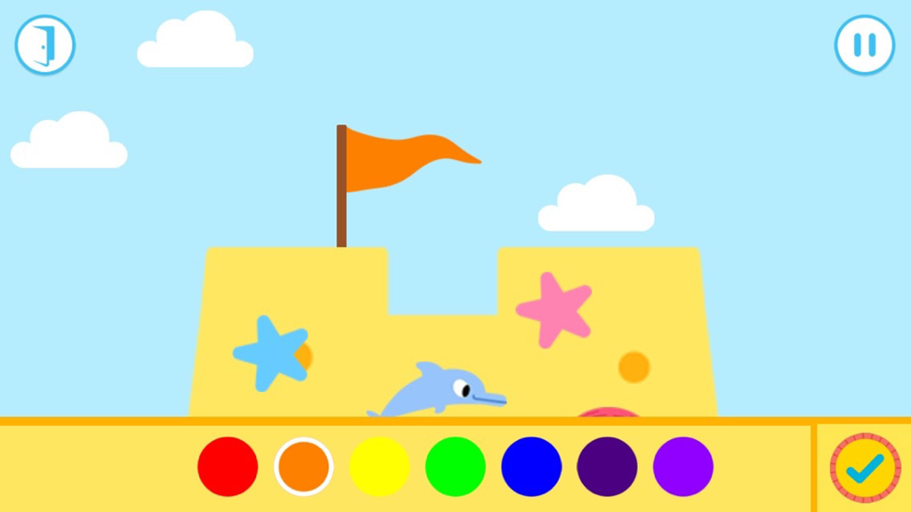 Hey Duggee: Sandcastle Badge - A yellow sandcastle decorated with colorful starfish and a dolphin in the Hey Duggee Sandcastle Badge game.