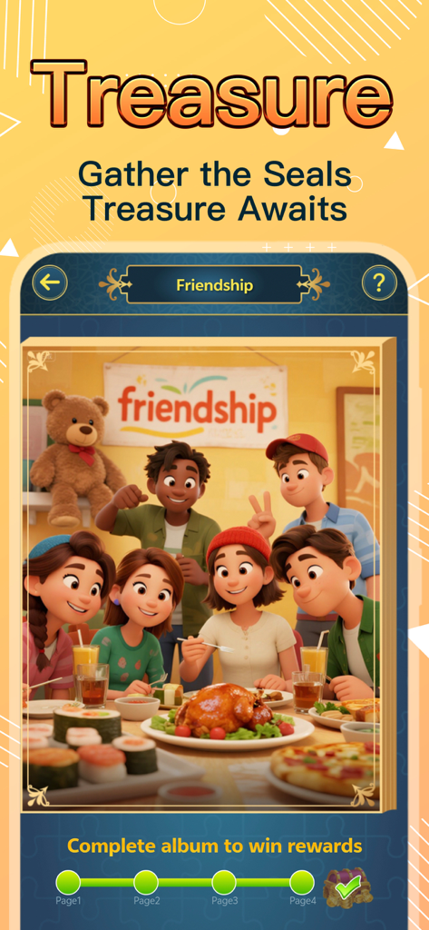 Haza - Group Voice Chat Rooms - Haza app screen showing a friendship themed treasure album feature with animated characters sharing a meal together to win rewards