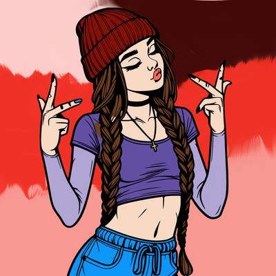 realistic teenage girl with braids and a beanie and crop top doing 🫶🏼