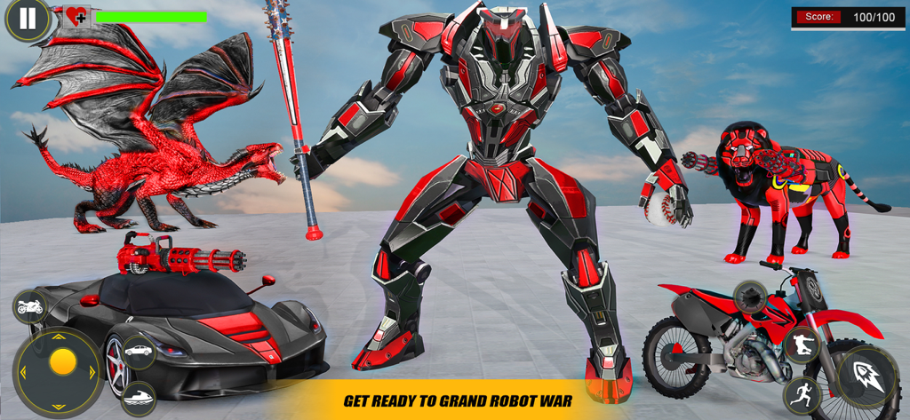 Robot Car Transform Wars Games - A giant red robot holding a baseball bat surrounded by a dragon a sport car with a gatling gun and a robotic lion