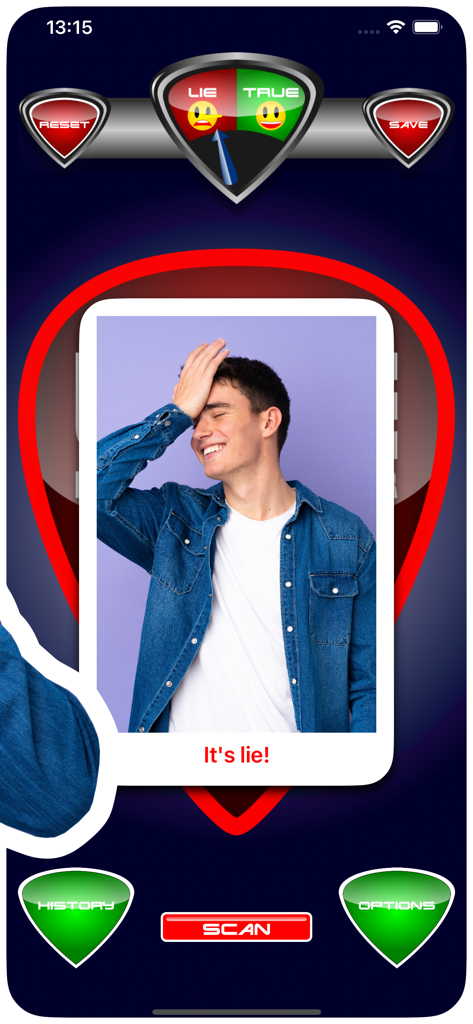 Lie Detector Test - Interface do aplicativo Teste do Detector de Mentiras mostrando um resultado de mentira em uma foto escaneada de um jovem
